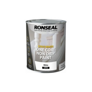 This image displays the front of the product which is a Ronseal Stays White One Coat Paint - Satin 750ml